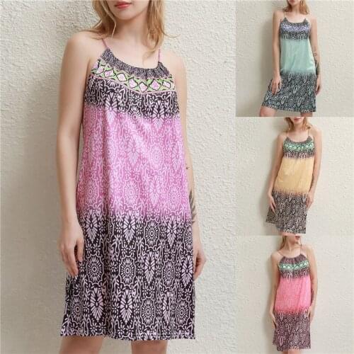 Sleeveless Dresses Women Summer Loose Casual O Neck Sling Dress New Bohemia Knee-length Printed Dress 2021