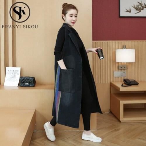 Oversized Black Denim Vest Women Sleeveless Jacket Big pocket Long Vest Jeans Coat Female Loose Plus Size Denim Jacket Vests