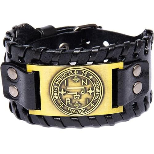 Retro Totem Wristband Fashion Mens Leather Bracelet Vintage Viking Compass Solomon Religious Bangle Personality Male Jewelry