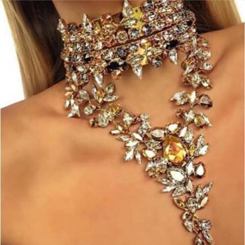 Luxury Champagne Rhinestone Necklace Bridal Jewelry V-Shaped Crystal Retro Personality Prom Wedding Accessories For Women