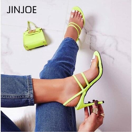 JINJOE Gladiator Sandals Fashion Women Sandals High Heels Open toe PVC Ankle Strap Elastic Shoes stiletto Pumps INS Colour heel