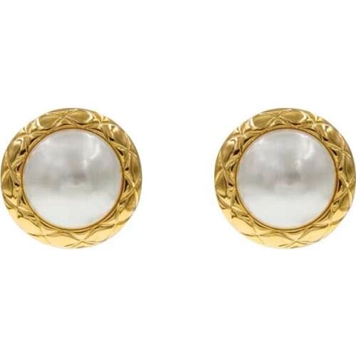 SRCOI Gold Color Round Cross Metal Imitation Pearl Stud Earring 2020 Korean Simple Geometry Statement Stud Earrings For Women