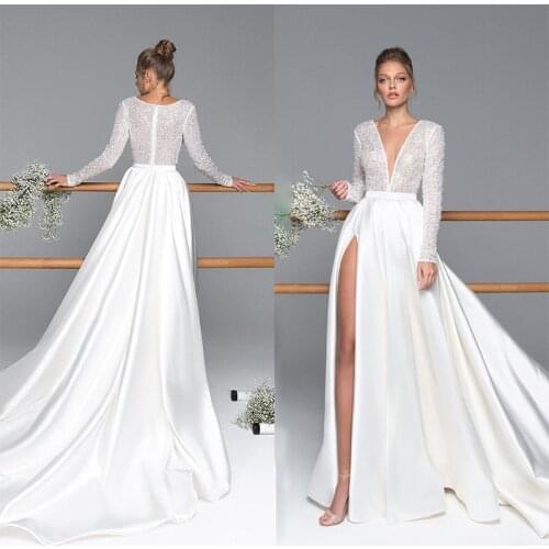 Sexy Slit Satin Wedding Dresses A Line Long Sleeve Deep V-neck Bridal Gowns
