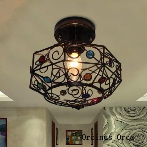 Mediterranean stained glass ceiling lamp corridor bedroom balcony American retro LED hollow iron ceiling lamp free shipping