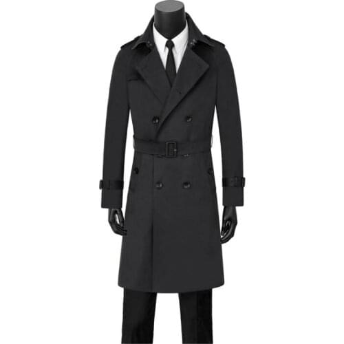 Mens double breasted trench coats man middle length coat men spring autumn clothes business casual slim fit overcoat long sleeve