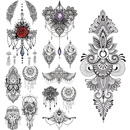 Lace Feather Temporary Tattoos For Women Owl Moth Fake Jewelry Tattoo Pendants Rose Mandala Henna Flower Tatoo Chains Chest Back
