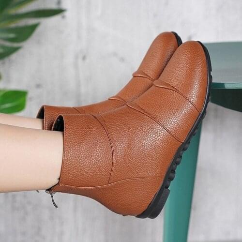 New Vintage Style PU Leather Women Flats Short Boots Flat Booties Soft Lining Womens Shoes Back Zip Ankle Boots Zapatos Mujer