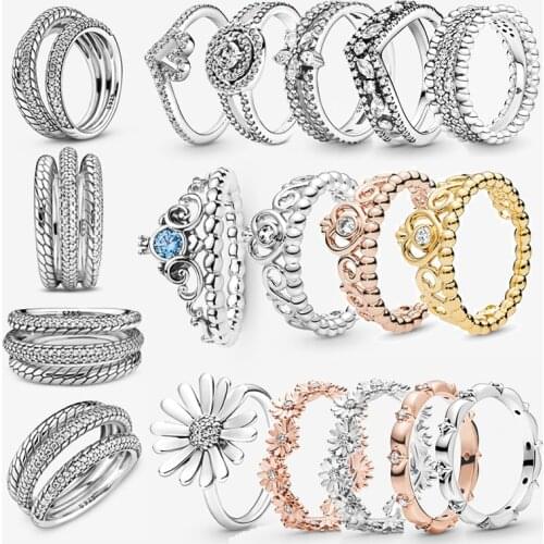 Authentic 925 Sterling Silver Princess Tiara Crown Sparkling Love Heart CZ Rings for Women Engagement Jewelry Anniversary gift