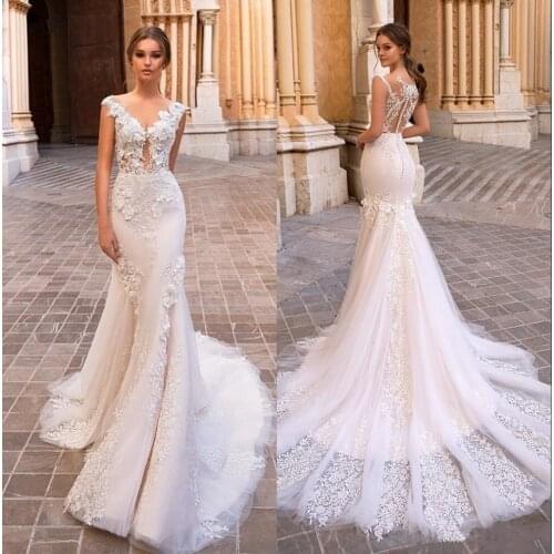 2019 Gorgeous Mermaid Lace Wedding Dresses Sheer V-Neck Cap Sleeves Bohemian Bridal Gowns Appliqued Plus Size Vestidos De Novia
