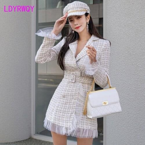 2021 autumn and winter new Korean temperament lapel gauze stitching double-breasted slim dress