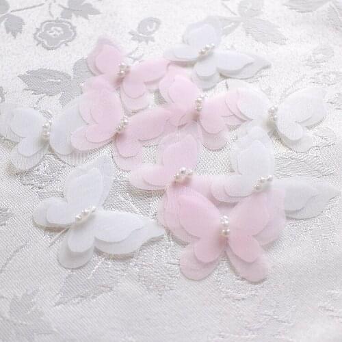 10pcs Pink hand-sewing 3D handmade pearl butterfly flower head ornaments handmade diy materials clothing accessories AC565
