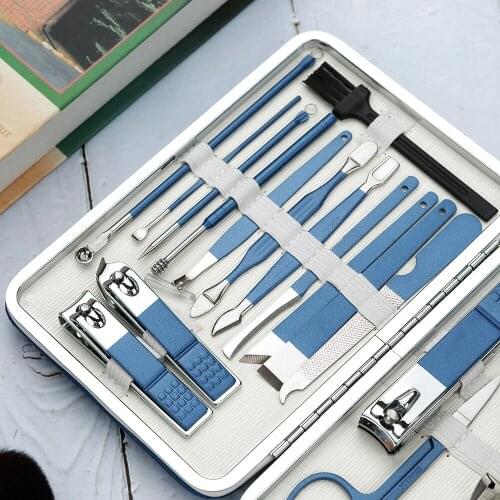 19pcs Professional Nail Supplies Manicure Set Blue Nail Clippers Trimmer Pedicure Kit Stainless Steel Nail Cutters Tools Set