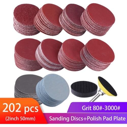 202 Pcs 2 Inch Sanding Discs with 1 pc 1/4 Inch Shank Backing Pad and 1 pc Soft Foam Buffering Pad for Drill Grinder Rotary Tool