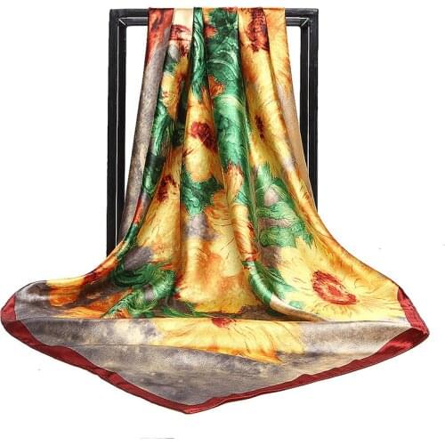 2021 Silk Scarves Fashion 90X90CM Sunflower Oil Painting Flower Pattern Silk Silk Scarf Scarf Scarf Female Muslim Headscarf