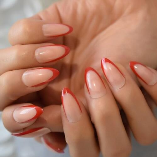 Medium Natural Artificial French Nails Red Manicure Tool 24pcs Almond Professional Art Adhesive False Nail