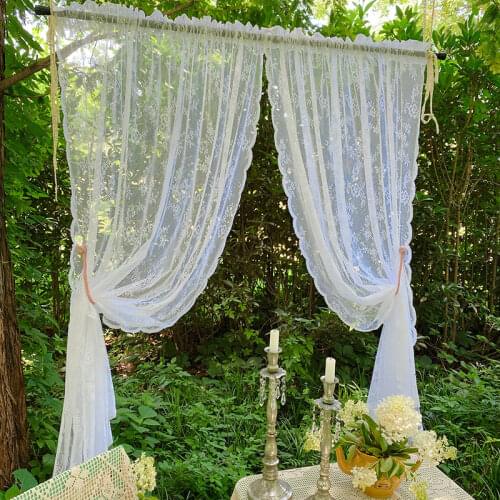 White Lace Sheer Curtains for Kitchen Cafe Valance Cabinet Shelf Dust-Proof Embroidery Voile Pastoral Wedding Party Decoration