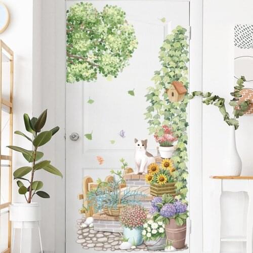 BRUP Summer Garden Corner Green Leaves Plants Wall Stickers Living Room Bedroom Cute Cat Wall Decals Home Decoration PVC Sticker