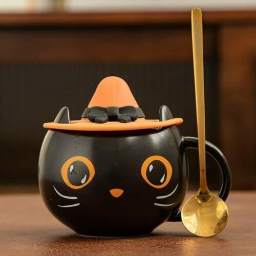 Ceramic Black Cat Cup With Witch Cap Cover Kitchen Accessories Cute Kitty Unique Coffee Mug With Spoon For Office Home Cocina