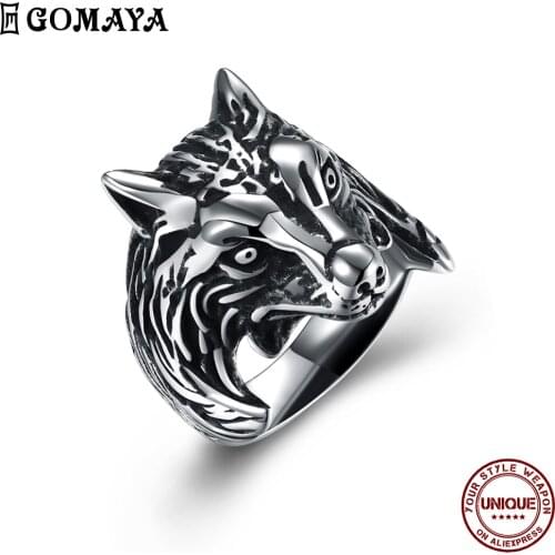 GOMAYA Stainless Steel Men Ring Creative Cool Wolf Head Personality Animal Ring Punk Fashion Classic Design To Send Friends Gift