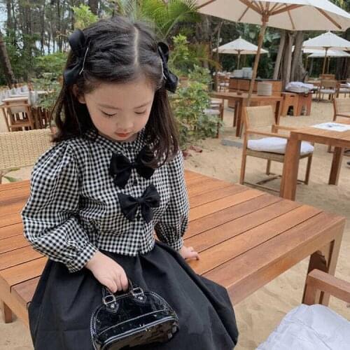 Girls' Suit Skirt Childrens Plaid Bow Shirt Two-Piece Overskirt Suit Spring and Autumn College Style Fashionable Clothes Baby