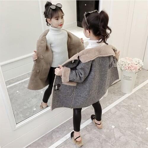 Girls Jackets Autumn Winter Clothes Medium Long Models Girls Plaid Thickened Lamb Fashion Design Childrens Woolen Cloth Coats