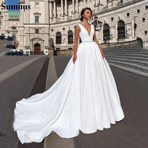 Sumnus New Designer Simple Wedding Dresses Cheap Elegant Deep V Neck Satin Wedding Gown with Beaded Sash Bridal dress