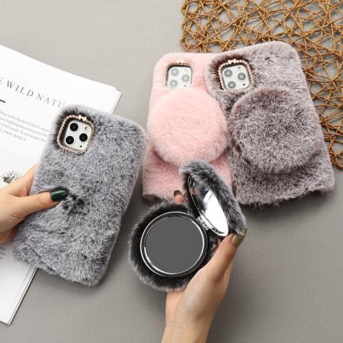 Fashion Plush Mirror Cases For iPhone 12 11 13 Pro Max X XS MAX XR SE 2020 8 7 6 Plus Warm Fluffy Furry Phone Case Covers Fundas