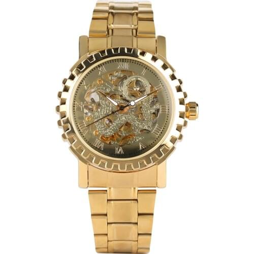 Mens Watch Automatic Self-Winding Mechanical Wristwatches Stainless Steel Case Gold Strap