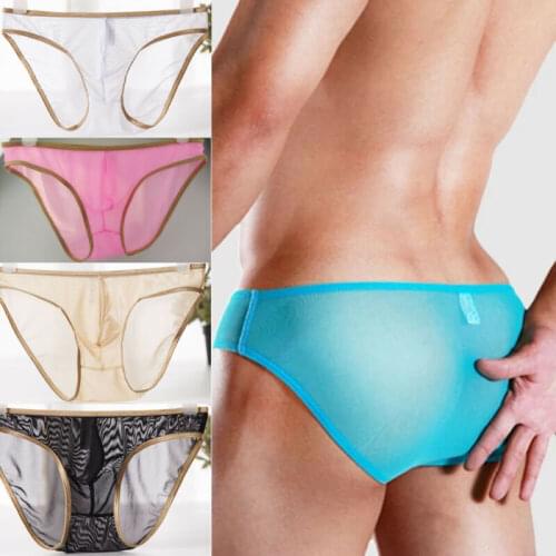 Men Sexy See-Through Ice Silk Silky briefs Solid Stretchy Bikini Underwear Underpants Brief