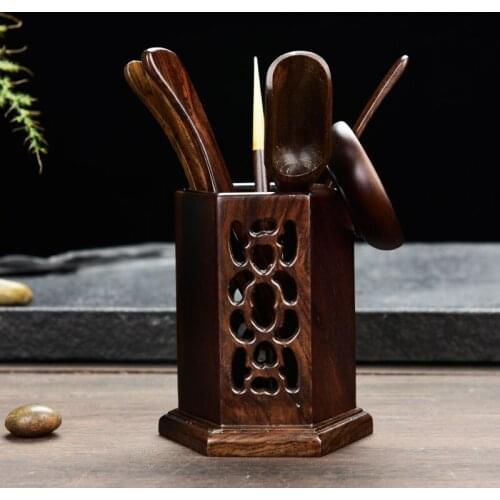 Chinese Cha Dao Set 6 Pieces Ebony Tea Utensils Chinese Kongfu Tea Set Accessories Chadao Six Gentleman Ebony Hexagon Cha Dao