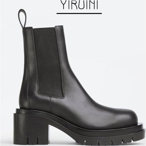 2021 New Martin Boots Womens Thin Thick-heeled Thick-soled Chelsea Boots Black High-heeled Small Boots