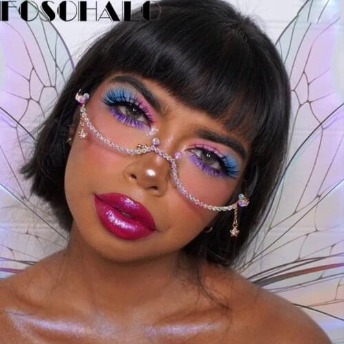 Fashion Diamond Eyeglasses Frame for Women Water Drop lens less Chain Pendant Half Frame Luxury Rhinestone glasses shades