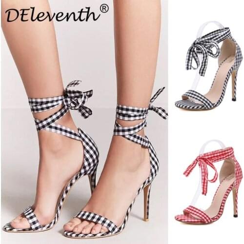 HOT Summer Women Thin High Heels Sandals lady Pumps women sandals Round Toe Canvas 11.5CM Lace Up sandal women shoes size 35-42