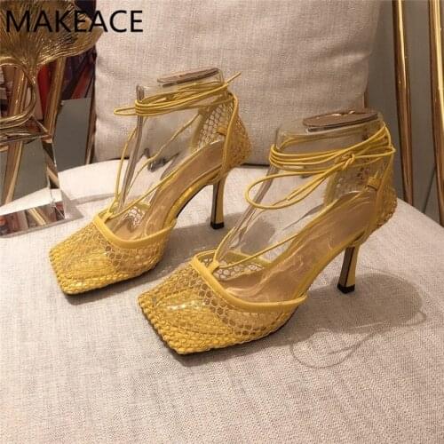 Summer 2021 Design Square Toe Mesh Ankle Strap Sandals Woman High Heels Gladiator Sandals Woman Party Shoes Dress Shoes Women