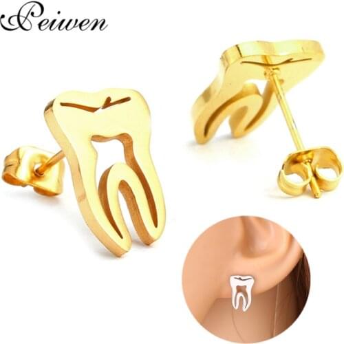 Tooth Earrings Cute Doctor Nurse Jewelry Stainless Steel Rose Gold Silver Color Stud Earring For Women Medical Graduation Gift