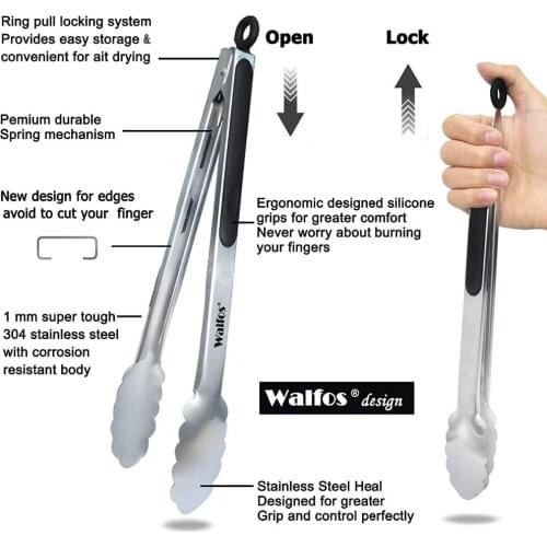 WALFOS BBQ Grilling Tong Salad Serving Food Tong Stainless Steel Metal Kitchen Tongs Barbecue Cooking Locking Tong