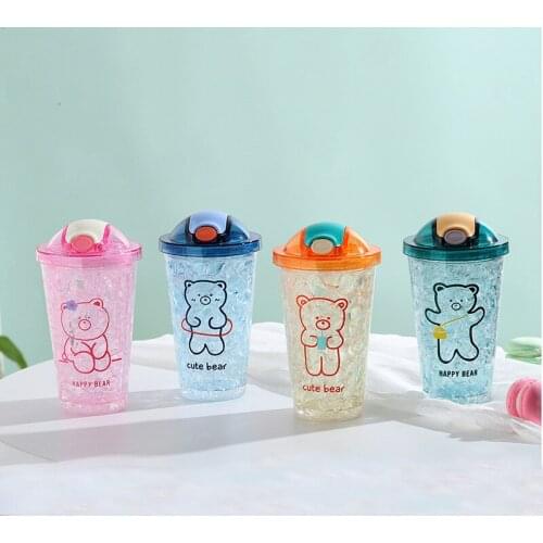 Kawaii Bear Glass Water Bottles Cute Cartoon Cup With Straw Portable Leakproof Kids Water Bottle For Girls School Drinking Cup