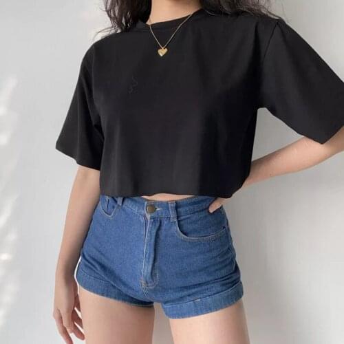 WOMENGAGA Summer All-match Loose Simple Casual Women Top Crew Neck Short Sleeve crimping detail Open Navel T-shirt TQ0G