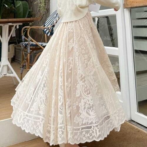 Korean Chic Spring Autumn Women Maxi Skirt High Waist Black Apricot White Hollow Out Fairy Skirts Elegant Lace Party Long Skirt
