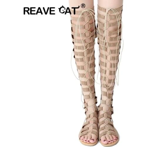 REAVE CAT Brand Women summer boots Over the knee Gladiator Cross tied Zipper Openwork Sexy Flats Flock New 2019 Small size A352