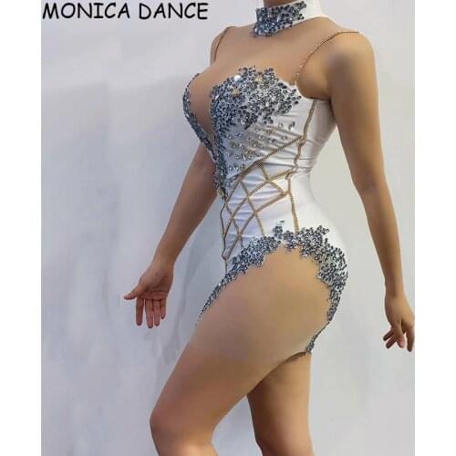 Women Sexy Stage New Rhinestones Transparent Chest Short Dress Bar Birthday Celebrate Dress Outfit Prom Women Dance Singer Dress