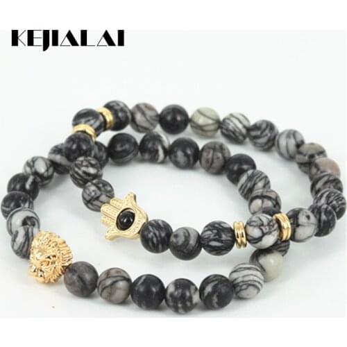 2pcs Natural Network Round Stone Beads Men Hamsa Hand Bracelet Beaded 24k Gold Lion Head Women Bracelet Fine Jewelry As A Gift