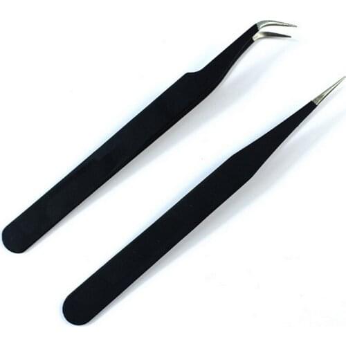200pcs Black Curved Straight Eyelash Tweezers Rhinestone Gems Eyelash Nippers Tweezers Makeup Nail Tool DHL