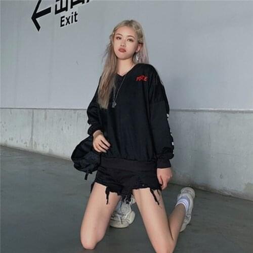 3 Size M-xl Thin Letter Printing O-neck Loose Street Female Black Sweatshirts Casual Long Sleeve Top Women Sweatshirt