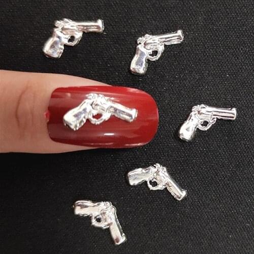 40Pcs Metal Nail Art Studs Charms Nail Decors Silver Steam Punk Gun Nailart Supplies 3d Flat back Pistol Nail Design Art