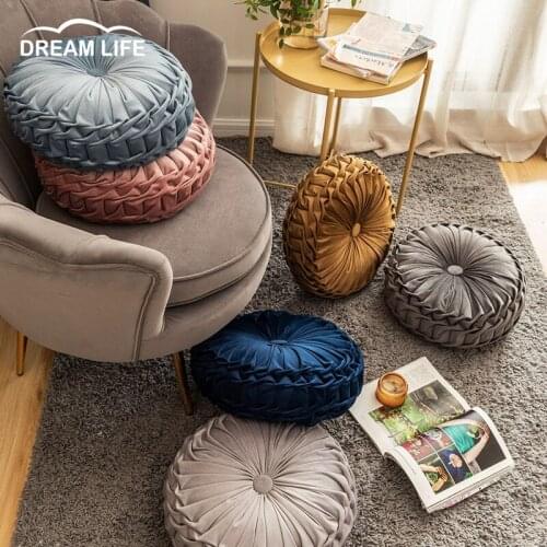 Europe Style Velvet Pleated Round Floor Seat Cushion Pumpkin Pillow Pouf Soft Throw Home Decor Back Cushion with Core For Sofa
