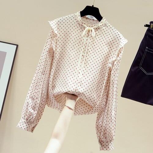 Blouse Women Long Sleeve Stand Collar Dot Chiffon Blouse Shirt Blusa Tops Women Blusas Mujer De Moda 2021 Women Clothing D906