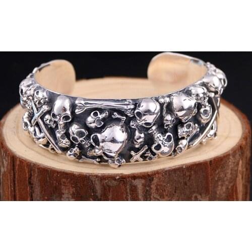 Solid 925 sterling Silver 126g 24mm Women Mens Heavy Wide skull cuff bracelet bangle A1812