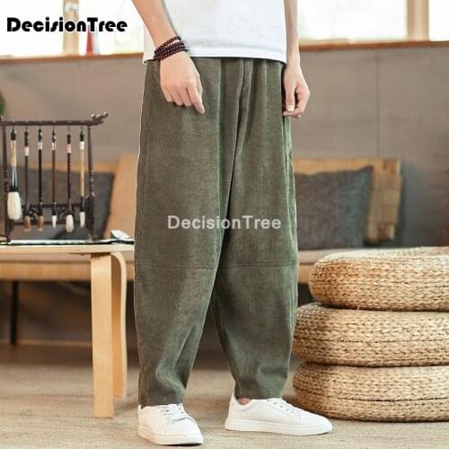 2021 men casual harem pants trousers mens cotton linen pants male chinese style solid calf length pants loose cotton linen pants