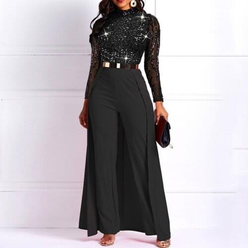 Black Long Sleeve Plus Size High Waist Straight Plain Jumpsuit Women Elegant Formal Party Slim Ladies Wide Leg Jumpsuits